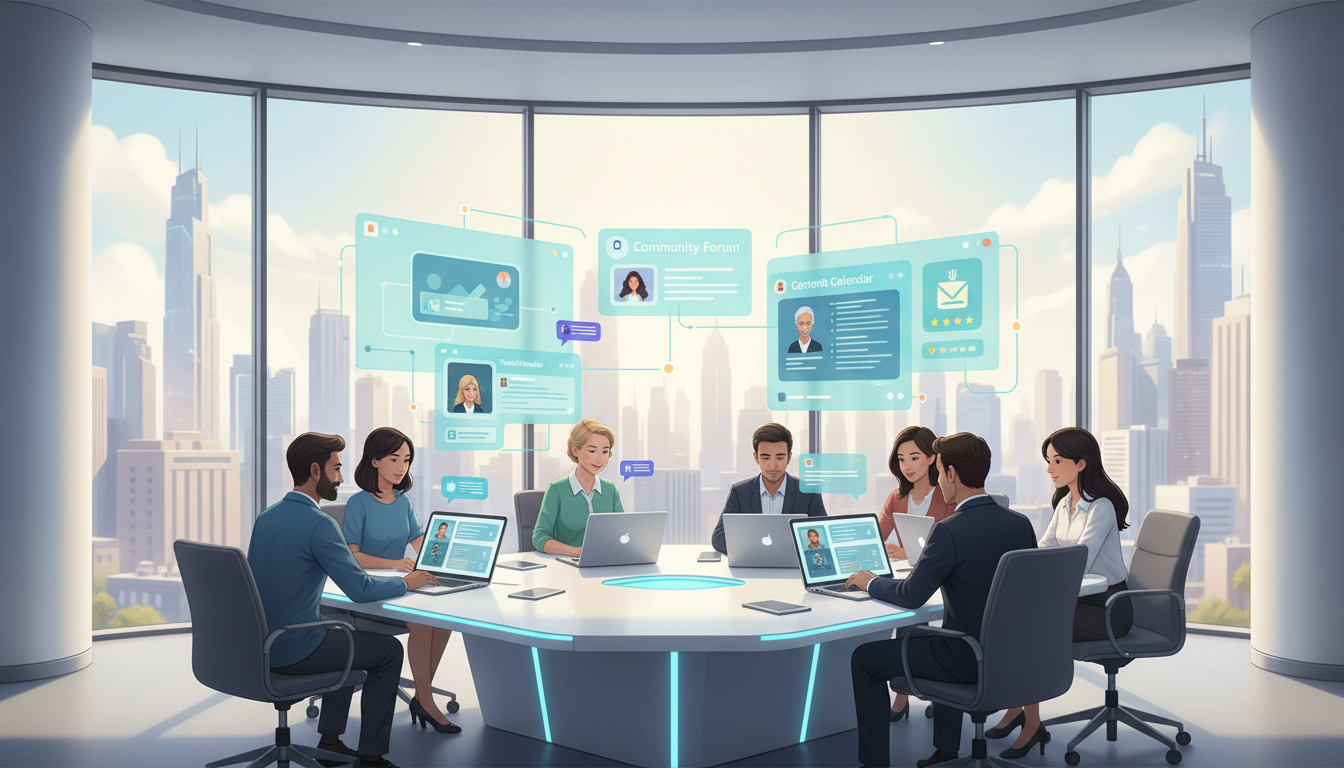 A vibrant digital workspace featuring a group of diverse professionals collaborating around a sleek, modern table