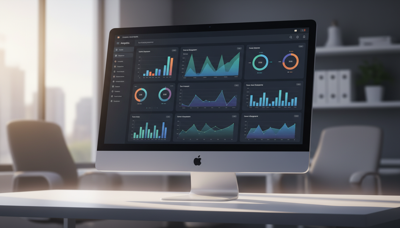 A sleek Figma analytics dashboard displayed on a modern computer screen, featuring vibrant, colorful graphs and charts that showcase user engagement metrics.